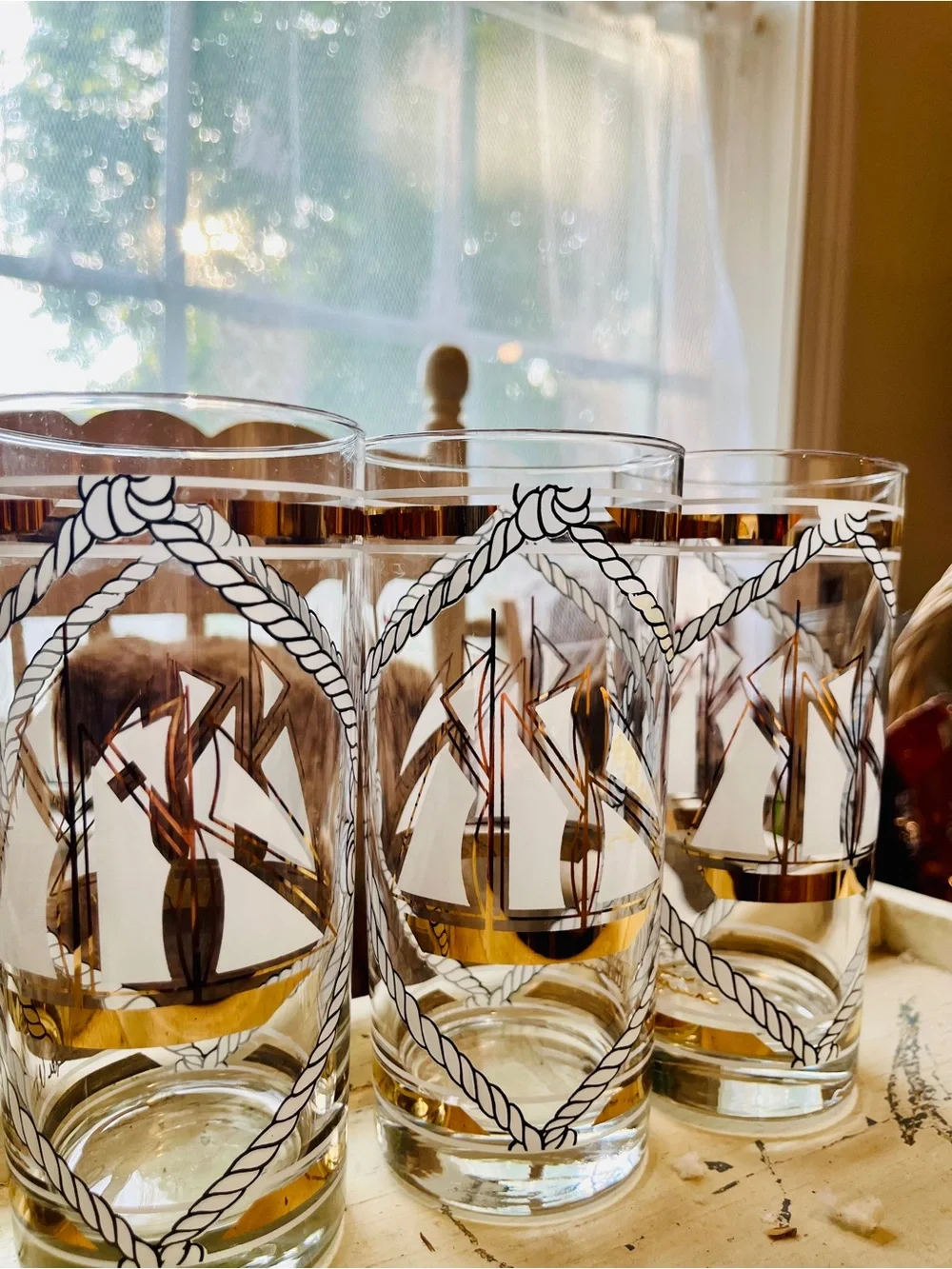 Vintage Nautical Highball Glasses - Gold & White Ship Design (Set of 4) 16oz